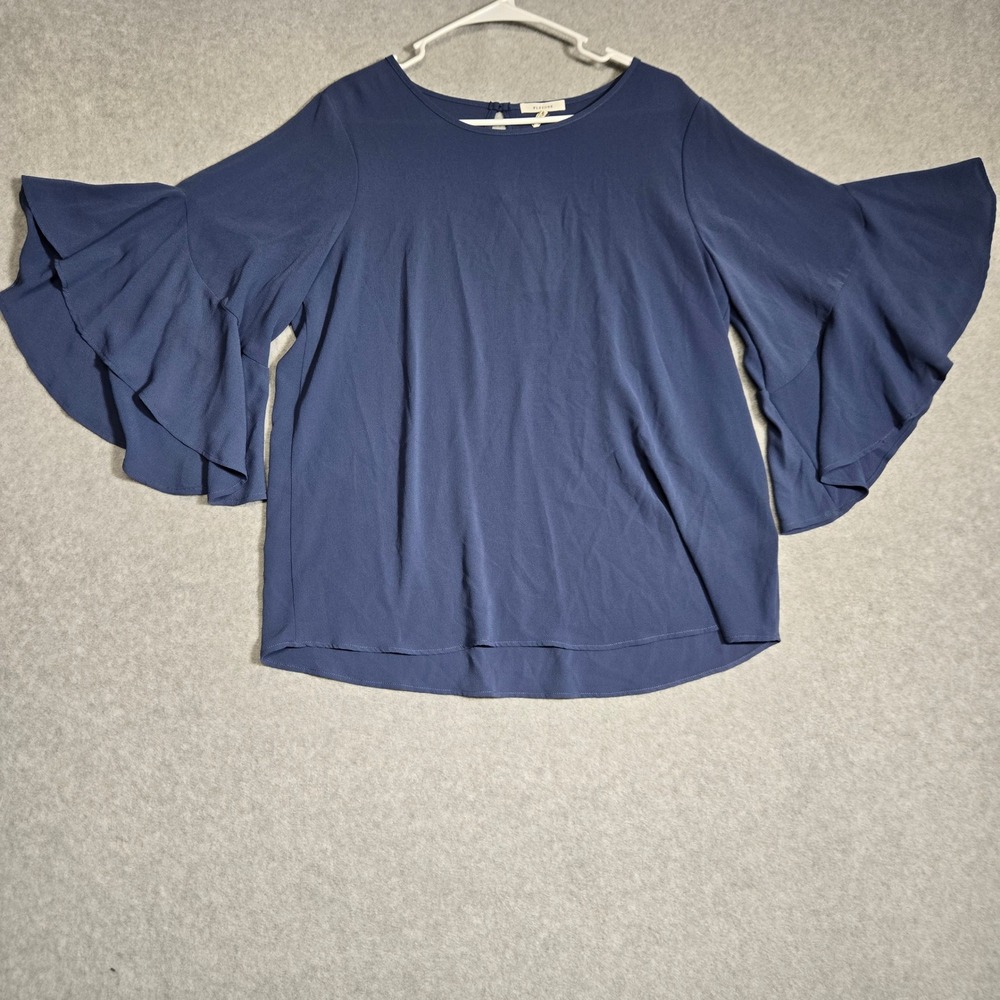 Pleione Womens Blue Bell Sleeve Blouse Tiered Ruffle Crew Neck Top new  M